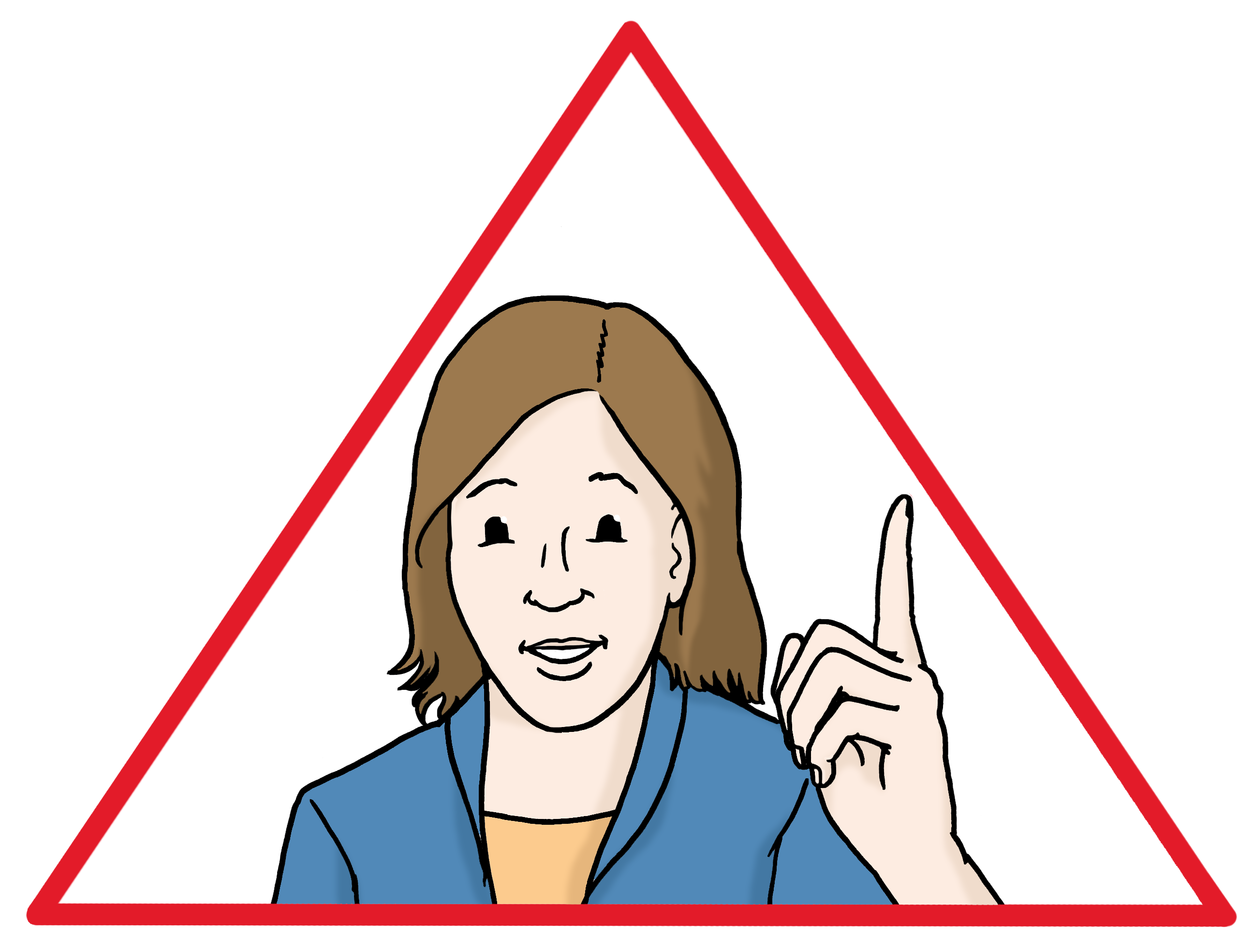Das Bild zeigt eine Frau, die innerhalb eines roten Dreiecks abgebildet ist, die einen Finger in die Höhe reckt und einen Ratschlag oder eine Anweisung zu geben scheint.