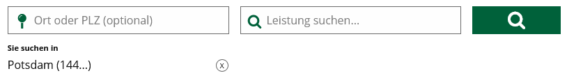 Suchleiste mit zwei Eingabefeldern, eines für Ort oder PLZ, das andere für Leistung, darunter Text 'Sie suchen in Potsdam (144...)'